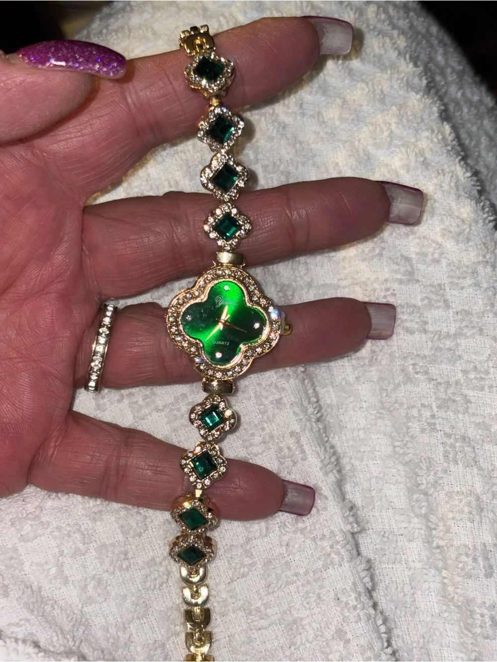 Watch-Emerald Green simulated 4 Leaf Clover GOLD TONE Watch Diamond like Bracel